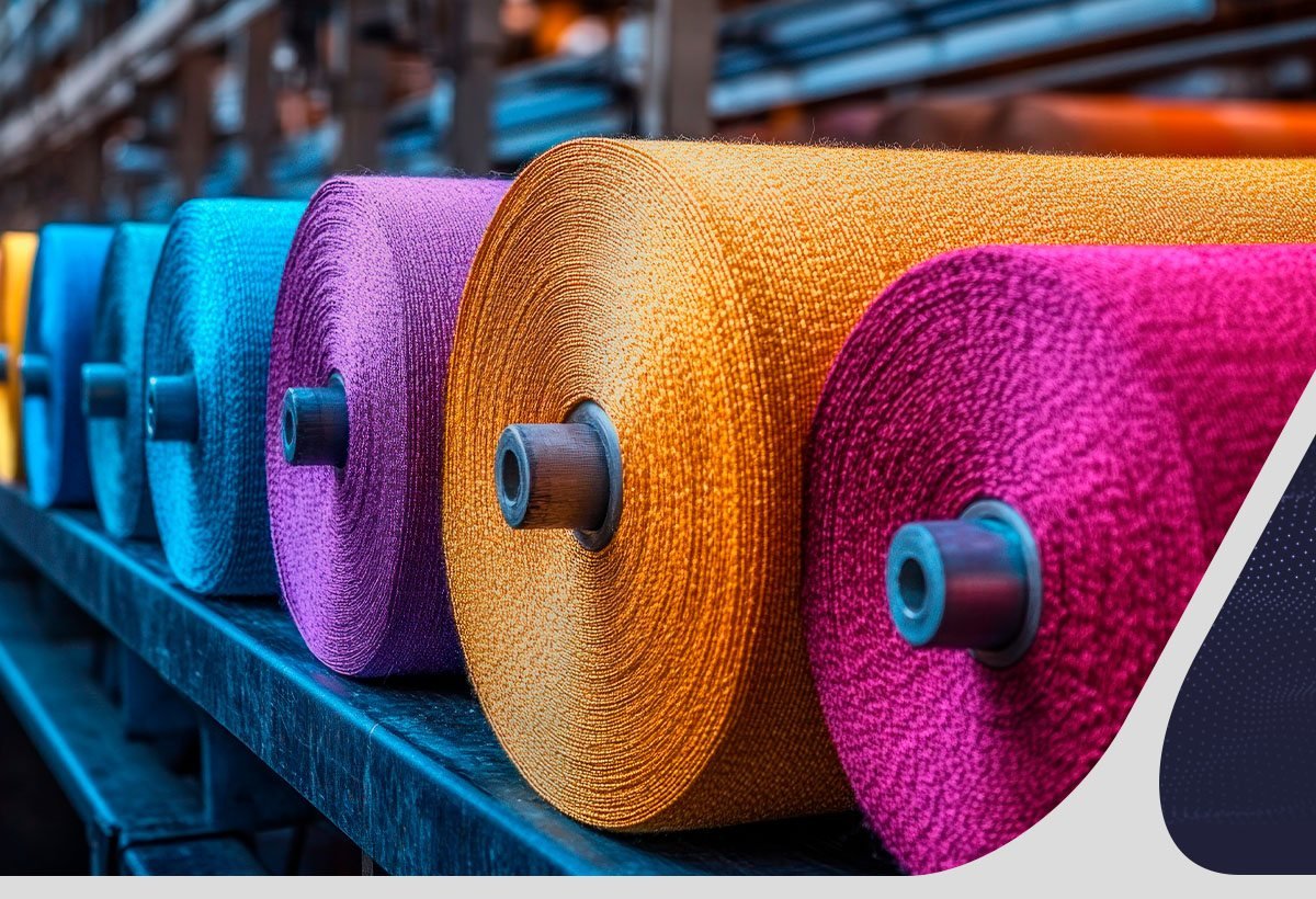 Rollos de tela de colores en una fábrica textil